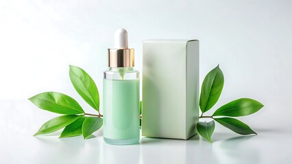 Pastel Cosmetic Serum Bottle with Matching Box Under Green Leaves isolated on white background