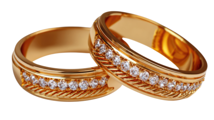 Timeless Promise: Two gold wedding rings, radiant with diamonds, lie side by side, symbolizing the unwavering commitment and enduring bond of love. 