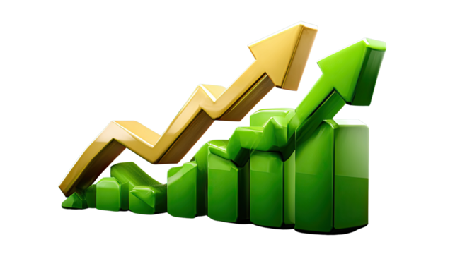 Soaring Success: Graphic arrows ascend over stylized bar charts, symbolizing business growth, financial success, and upward progress towards goals and achieving milestones.