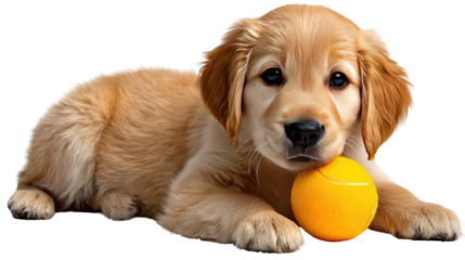 Golden Retriever Puppy with Ball: A fluffy golden retriever puppy gazes affectionately, cradling a vibrant yellow ball. Capturing the innocence and playfulness of the young dog.