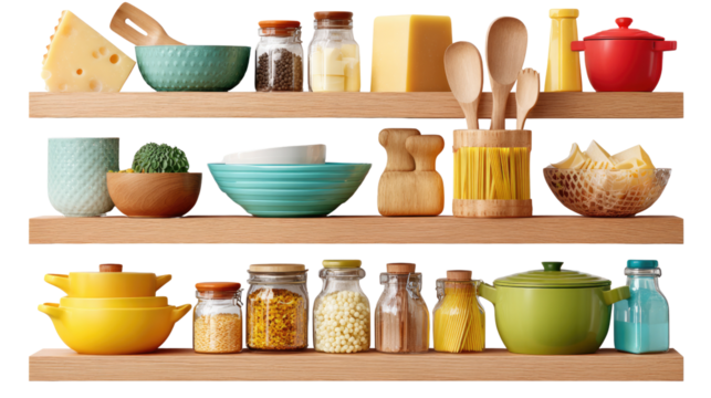 Culinary Collection: A neat display of kitchenware and culinary items, including cheeses, wooden spoons, pots, dishes, and spice jars, thoughtfully arranged on wooden shelves.