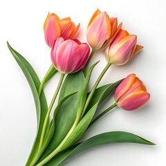 Fototapeta premium Pink and Orange Tulips with Green Leaves isolated on white background 