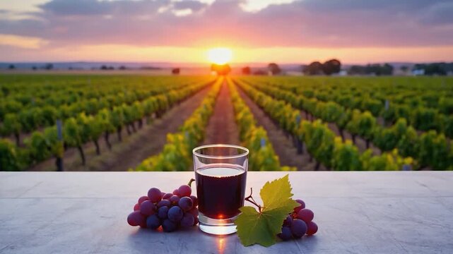 Red grape juice and grapes on a patio at sunset over vineyards