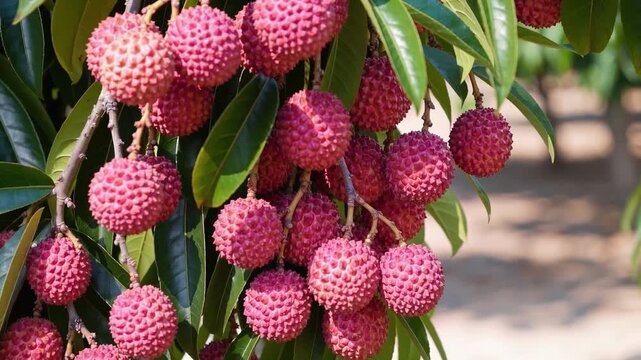 Fresh ripe lychee fruits hanging from a tree branch