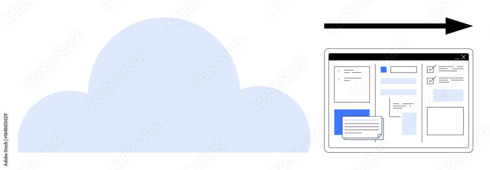 Poster cloud and arrow directing data flow to computer interface with organized dashboard windows. ideal fo