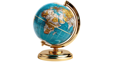 Earth Globe: The beauty of planet Earth is beautifully displayed on an isolated globe, showcasing landmasses and oceans against a gold stand and meridian. This image brings the world right to you.