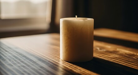 A single unlit pillar candle on a wooden table with soft window light