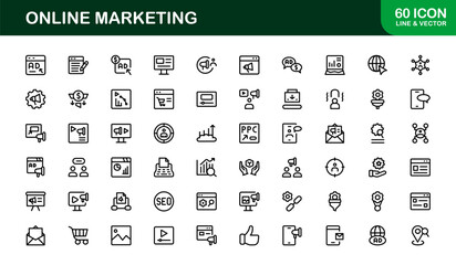 Online Marketing Line Icon Set &ndash; Professional Minimal Outline Icons for Digital Advertising, Social Media, and E-Commerce