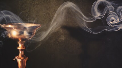 Ornate Golden Lamp with White Smoke Trails Against Dark Textured Backdrop