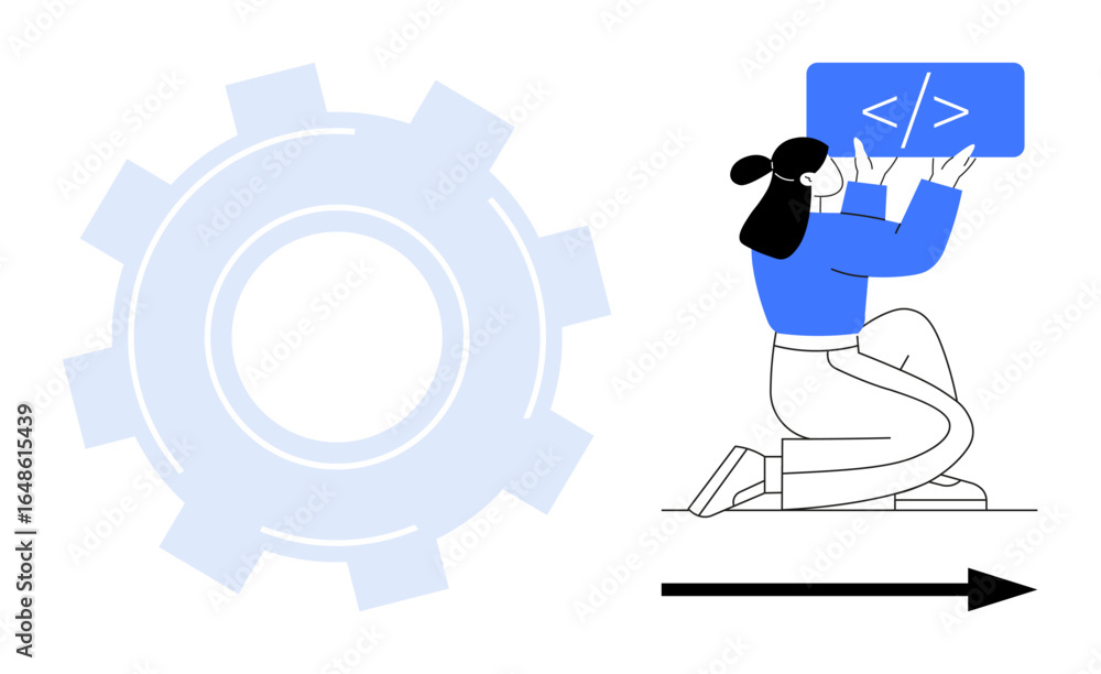Poster woman holding code snippet panel, kneeling beside a gear symbol and arrow indicating progress. ideal