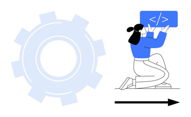 Woman holding code snippet panel, kneeling beside a gear symbol and arrow indicating progress. Ideal for technology, programming, innovation, teamwork, system upgrade, software development, simple