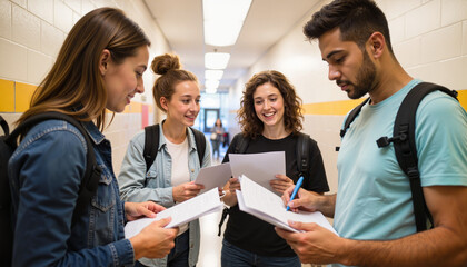 Obraz premium Group of diverse students studying and discussing notes in school hallway 