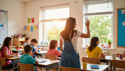 Teacher raising hand while addressing students in a classroom setting