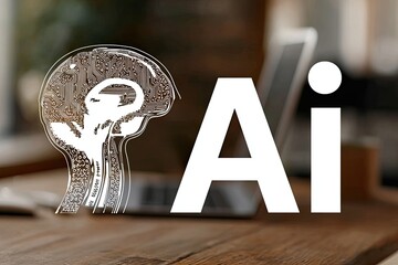 AI concept with brain graphic overlay on a laptop