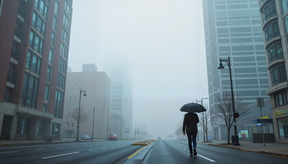 Fototapeta premium Man walking with umbrella on empty street in foggy cityscape 