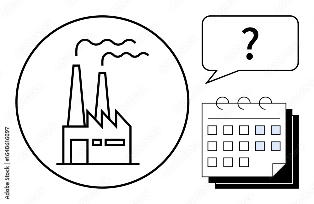 Poster factory building emitting smoke in circular frame, a calendar with marked dates, and a question mark