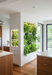 Fototapeta premium Stylish kitchen interior featuring a built-in vertical herb garden and natural light source