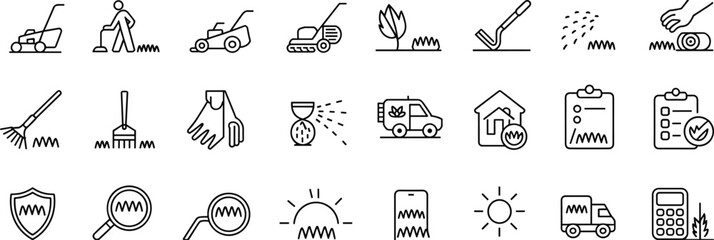 Naklejka premium Lawn care service icons with mower rake gloves and delivery van lawn mower gardening