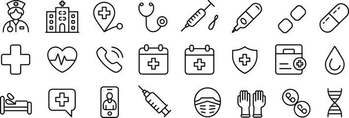 Medical healthcare icons set with doctor hospital stethoscope syringe and pills nurse