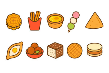 Colorful Flat Vector Icon Set of Rare and Traditional International Snacks and Desserts from Around the World