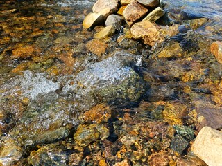 A shallow stream flows over colorful rocks, creating a serene and natural scene.