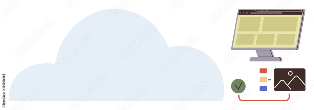 Poster large cloud with computer monitor, file management icons, data organization, synchronization visuali