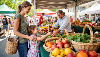 Woman and girl shopping at farmers market with fresh produce baskets  