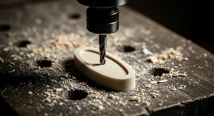 Close up of a drill bit carving a small wooden oval shape
