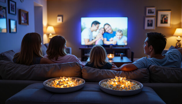 Family watching television together while sitting on sofa at home