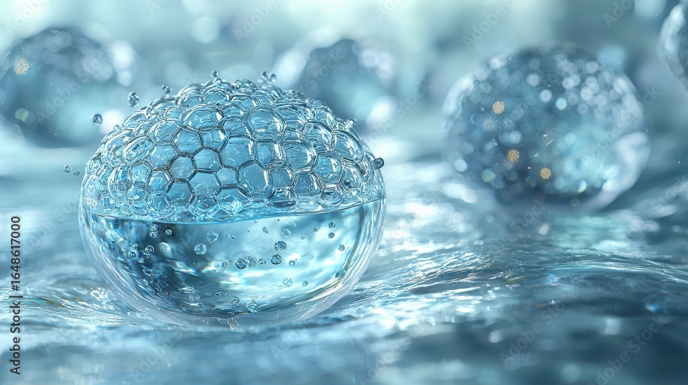 Poster translucent blue spheres with hexagonal patterns abstract 3d render