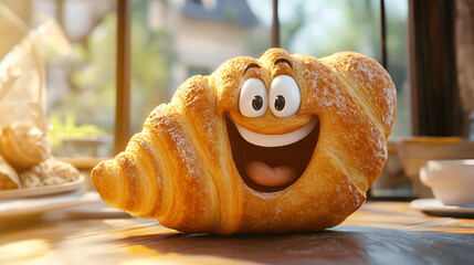 Cartoon croissant character with a smiling face, sitting on a wooden table in a cozy bakery, surrounded by soft sunlight and delicious baked goods, conveying joy and warmth