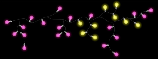 Party lights set icon. Twisted electric string with glowing bulbs in soft yellow and blue tones. Used for celebration decor, events, and cozy mood visuals.