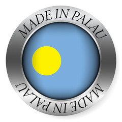 Made in Palau button icon. Circular emblem with metallic border, glossy central flag, and bilingual label indicating product origin and international manufacturing identity.