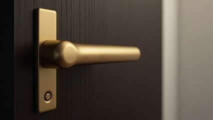 Obraz premium Close-up of a gold door handle on a dark wooden door.
