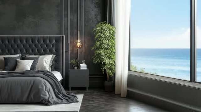 Cinematic Ultra-Realistic 8K Video of Luxurious Dark-Themed Bedroom &ndash; Elegant Tufted Headboard, Morning Light, and High-End Interior Design for World Architecture Day and Premium Real Estate Showcase