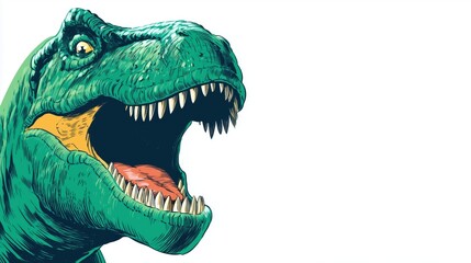 An illustrated dinosaur roaring with intense expression.