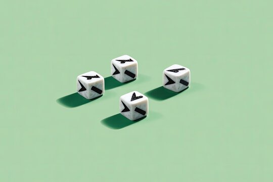 Four white dice with black arrow symbols, arranged in a square on a mint green background, casting distinct shadows