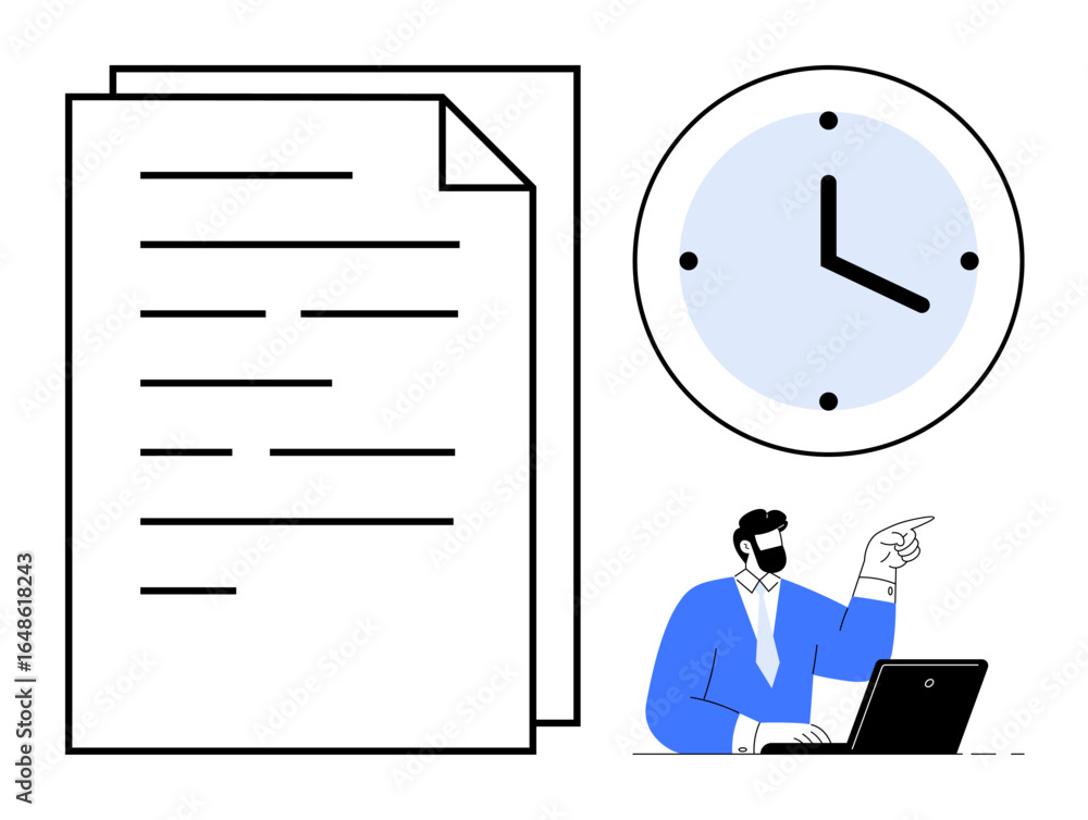 Poster office worker pointing at laptop, large document stack, clock symbolizing time management. ideal for