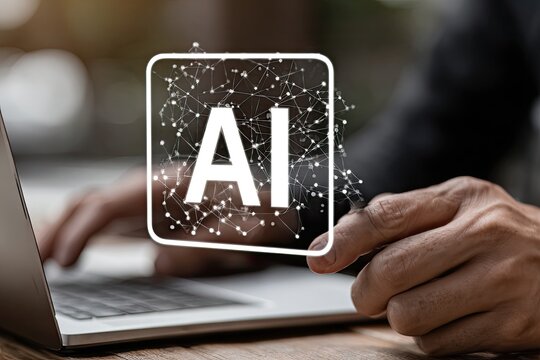 Hands over a laptop, hovering over a projected AI graphic