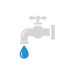 A grey water faucet with a cross handle drips a single blue drop of water on a white background.