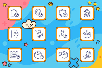 Delivery and logistics set icon. Icons with boxes, trolleys, packages, tracking pins, calendar, shield, clipboard, and courier figures in outlined flat style.