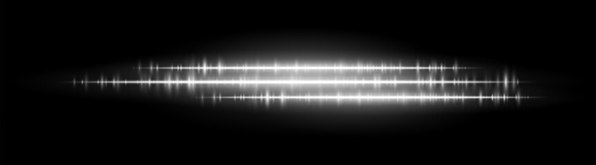 Soundwave line set. Dual horizontal light rhythm lines with glitch pulse effect. Used in sound design, equalizer or futuristic motion UI.