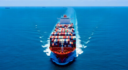 Aerial view of a large red container ship loaded with colorful cargo sailing on a vast blue ocean.