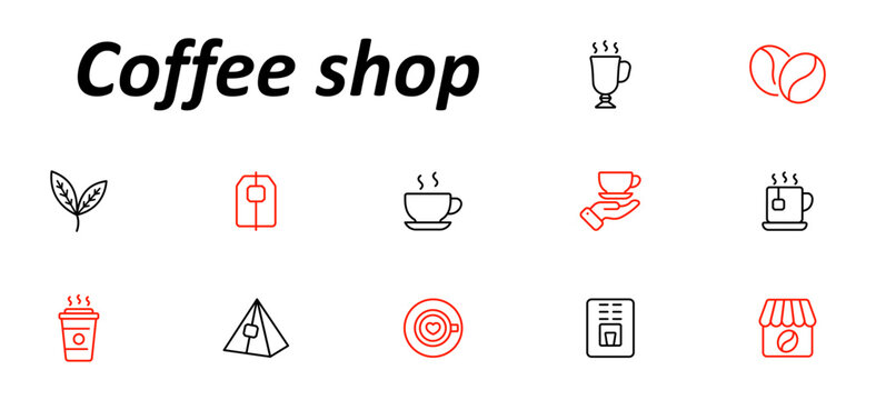 Coffee shop set icon. Cups with steam, tea leaves, coffee beans, disposable mugs, teabags, machines, latte art, and storefronts in clean outline with cozy beverage-related visuals.