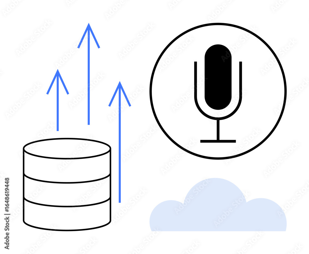 Poster microphone symbol, cloud, database, arrows signify audio data streaming, storage integration, cloud 