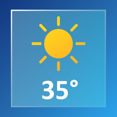 Sunny weather icon. Yellow sun with eight rays on blue background above temperature 35 and bold sunny label in white text at bottom.