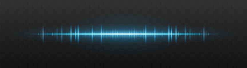 Audio bar. Glowing frequency wave with high intensity peaks and reflection. Suited for UI, music interface, sound visualization, digital signal.