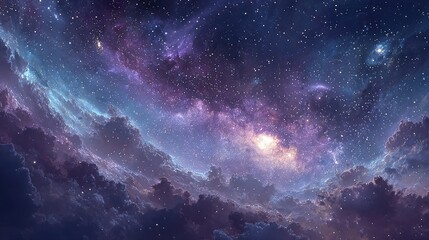 Digital wallpaper showcasing a detailed space scene with galaxies, stars, and nebulae glowing in bright purples, blues, and pinks, ideal for cosmic-themed designs and wallpapers.
