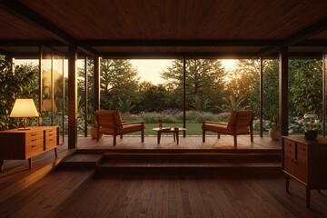 Fototapeta premium Elegant Glass House Interior Design with Sunset Nature Landscape