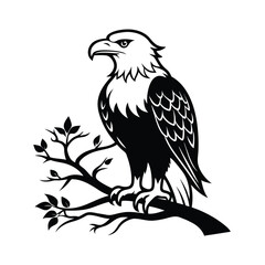 Elegant line art illustration of an african fish eagle perched majestically on a tree branch against a white background